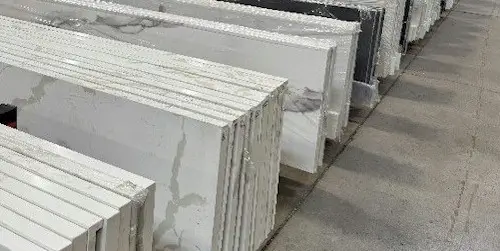 Prefab quartz are factory finished slabs with pre-cut square edge and 6 backsplash